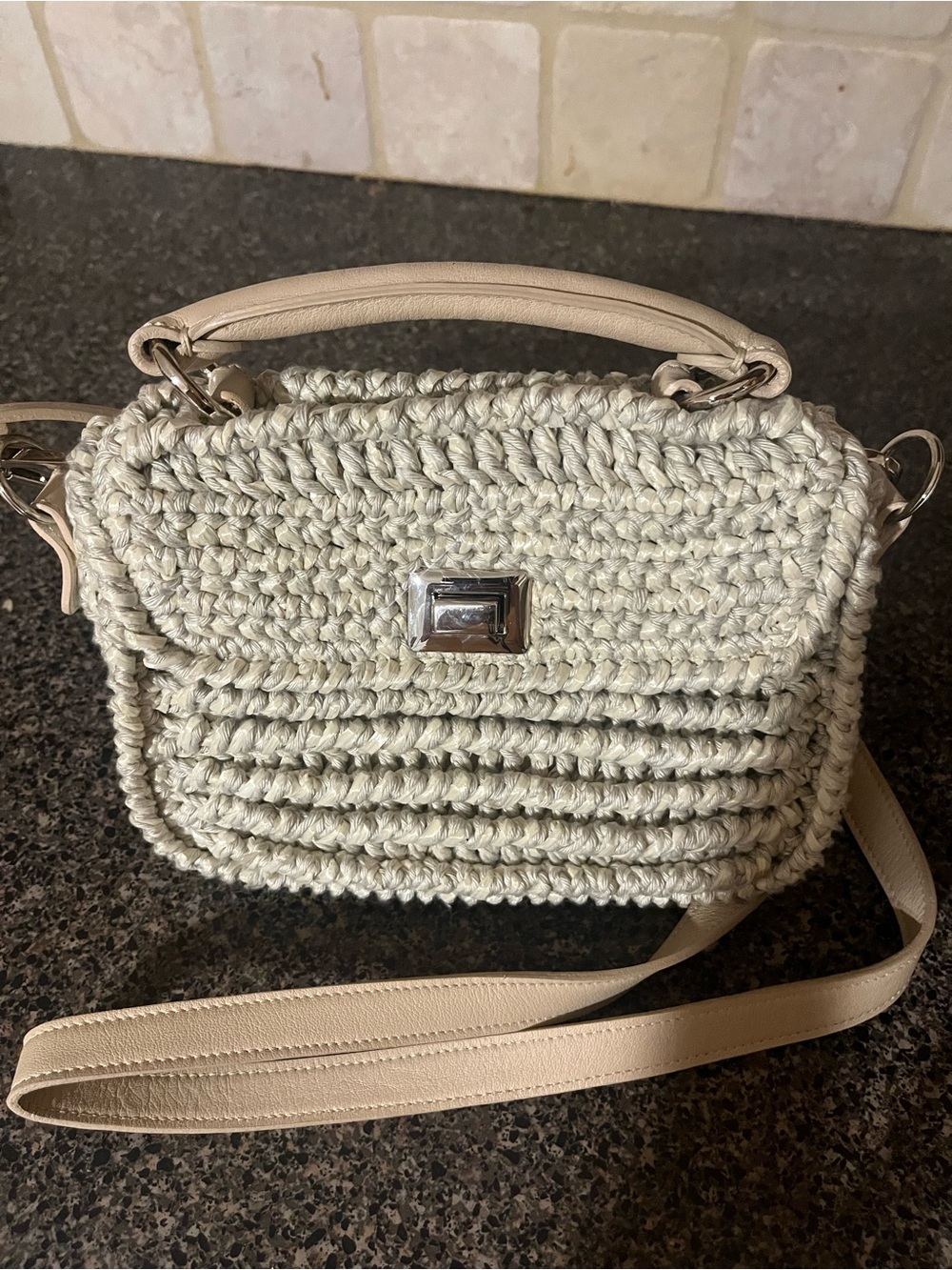 Neutral Crochet Crossbody Bag with Leather Trim